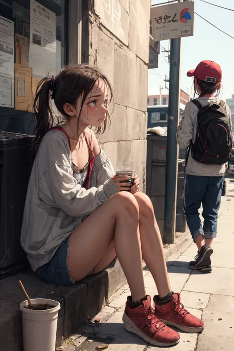 A young girl sits on the side of the street, her dirty clothes barely covering her thin frame. She holds out a small cup with a few coins in it, hoping for the generosity of passersby. Her eyes are downcast, filled with sadness and desperation. She looks around nervously, avoiding eye contact with those who walk by. The city bustles around her, but she remains isolated and alone in her poverty.