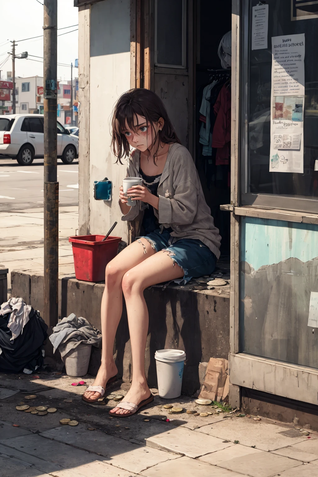 A young girl sits on the side of the street, her dirty clothes barely covering her thin frame. She holds out a small cup with a few coins in it, hoping for the generosity of passersby. Her eyes are downcast, filled with sadness and desperation. She looks around nervously, avoiding eye contact with those who walk by. The city bustles around her, but she remains isolated and alone in her poverty. dirty torn clothes , single cup, malnourished
