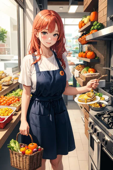 1girl, apple, apron, baguette, banana, basket, blush, bread, breasts, brown eyes, burger, carrot, chicken \(food\), cooking, corn, cucumber, cutting board, eggplant, food, fruit, frying pan, grapes, groceries, grocery bag, holding basket, holding fruit, jack-o'-lantern, kagami mochi, lemon, lemon slice, lettuce, long hair, mandarin orange, meat, omelet, onion, orange \(fruit\), orange slice, pancake, paper lantern, peach, plate, pot, potato, pumpkin, red apple, salad, sausage, shirt, shop, shopping, shopping bag, short sleeves, skewer, skirt, solo, standing, storefront, stove, syrup, tamagoyaki, tomato, vegetable, white shirt, supermarket,