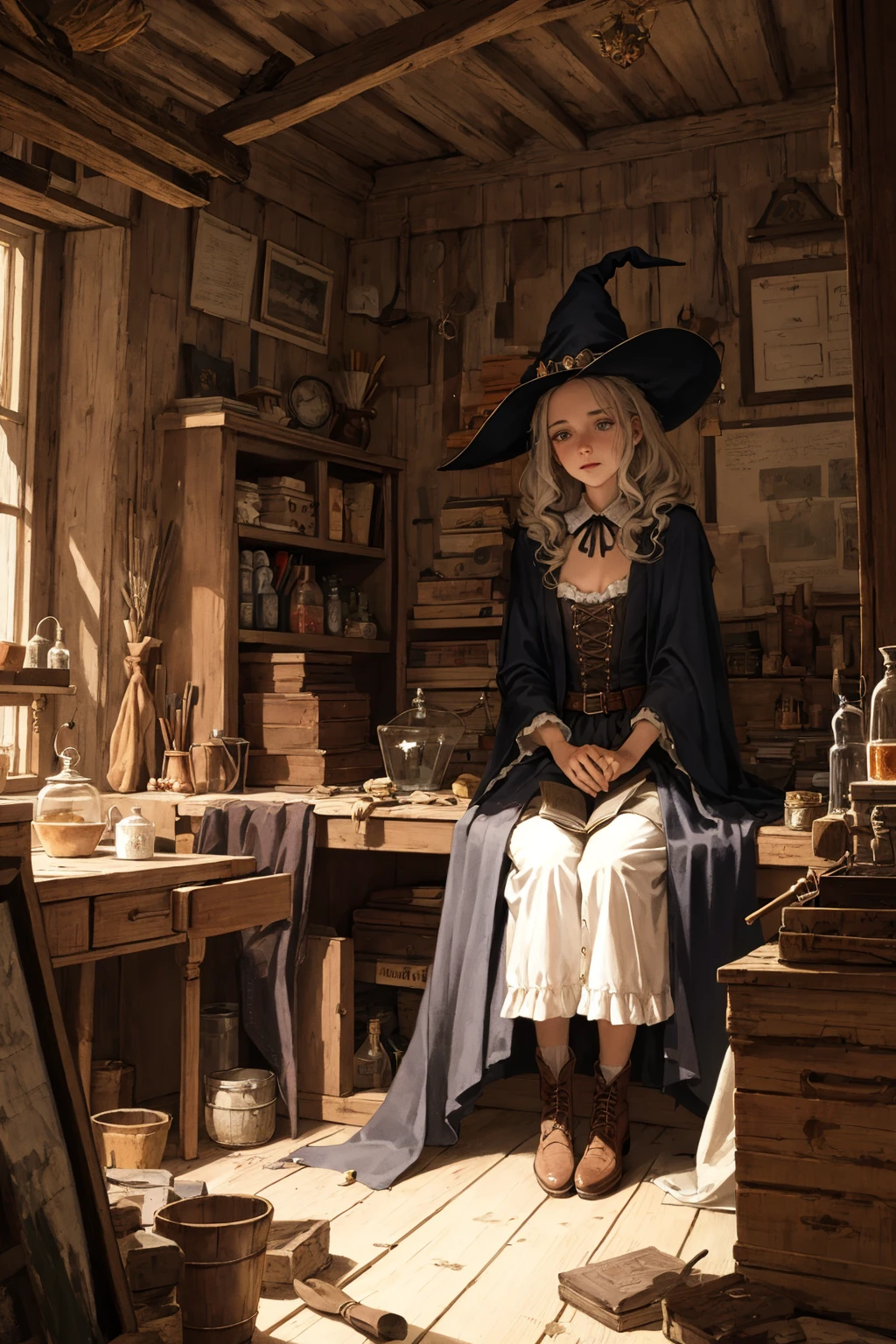 masterpiece,best quality,illustration,(western,old school:1.3),beautiful girl,beautiful face,
witch,small breasts,The Witch's Laboratory,Cluttered room,room full of stuff,fantasy,sitting