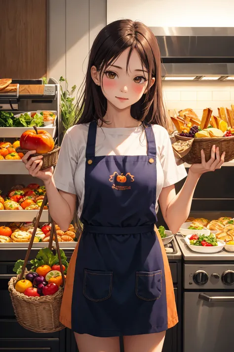 1girl, apple, apron, baguette, banana, basket, blush, bread, breasts, brown eyes, burger, carrot, chicken \(food\), cooking, corn, cucumber, cutting board, eggplant, food, fruit, frying pan, grapes, groceries, grocery bag, holding basket, holding fruit, jack-o'-lantern, kagami mochi, lemon, lemon slice, lettuce, long hair, mandarin orange, meat, omelet, onion, orange \(fruit\), orange slice, pancake, paper lantern, peach, plate, pot, potato, pumpkin, red apple, salad, sausage, shirt, shop, shopping, shopping bag, short sleeves, skewer, skirt, solo, standing, storefront, stove, syrup, tamagoyaki, tomato, vegetable, white shirt, supermarket,