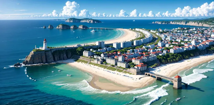 (masterpiece, best quality:1.1), bird's eye view, asymmetrical, blue ocean, low tide, sea waves, coastal road, sandy beach, piers, sailboats, yachts, ship wake, contrail, cars, tourists, lighthouse, seagulls, horizon, breeze, summer, morning, sunny, cloud, calm, fresh air, depth of field