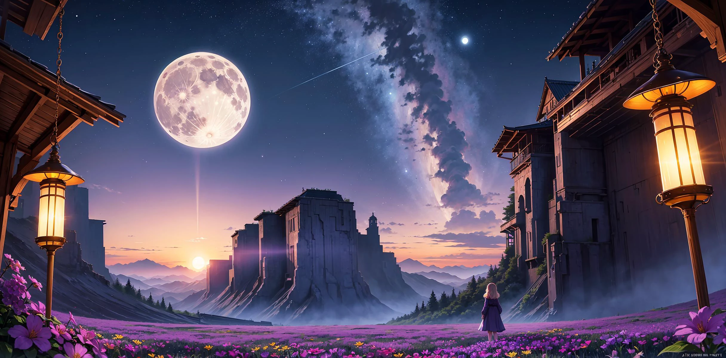 expansive landscape photograph , (a view from below that shows sky above and open field below), a girl standing on flower field looking up, (full moon:1.2), ( shooting stars:0.9), (nebula:1.3), distant mountain, tree BREAK production art, (warm light source:1.2), (Firefly:1.2), lamp, lot of purple and orange, intricate details, volumetric lighting BREAK (masterpiece:1.2), (best quality), 4k, ultra-detailed, (dynamic composition:1.4), highly detailed, colorful details,( iridescent colors:1.2), (glowing lighting, atmospheric lighting), dreamy, magical, (solo:1.2)