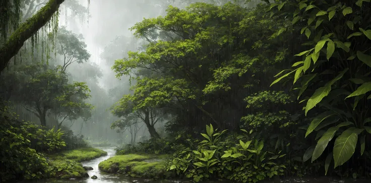 A jungle, with intense rainfall, monochromatic, vines all around, giant and wet trees, masterpiece, best quality, high quality, extremely detailed CG unity 8k wallpaper, oil paiting, award winning photography, Bokeh, Depth of Field, HDR, bloom, Chromatic Aberration ,Photorealistic,extremely detailed, trending on artstation, trending on CGsociety, Intricate, High Detail, dramatic, art by midjourney, volumetric lighting