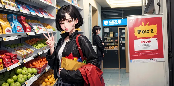 ((masterpiece,best quality)), 1girl, food, fruit, solo, skirt, shop, indoors, jacket, shopping, basket, jewelry, shirt, shelf, short hair, black hair, plaid skirt, black jacket, dutch angle, yellow eyes, looking at viewer