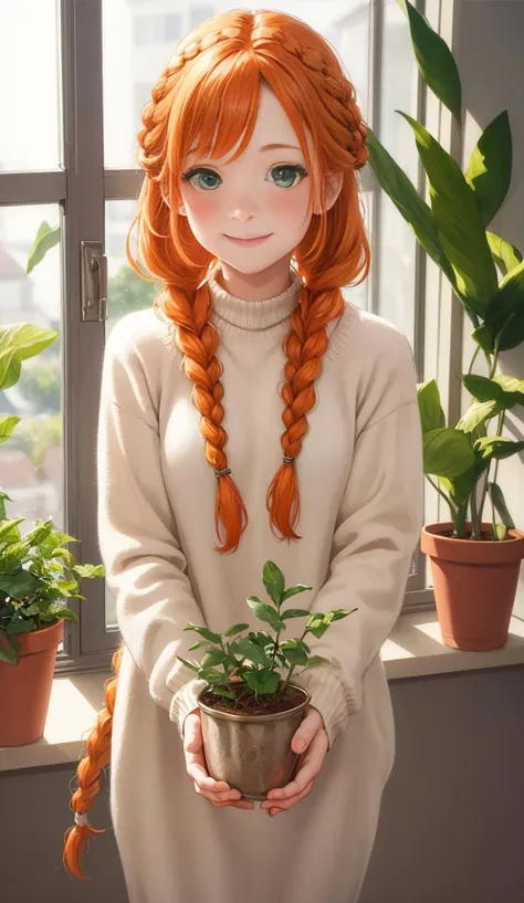 (best quality, masterpiece:1.2),1girl, solo, braid, smile, blush, looking at viewer, closed mouth, indoors, long sleeves, long hair, window, plant, white sweater, blurry background, depth of field, green eyes, orange hair, food, upper body