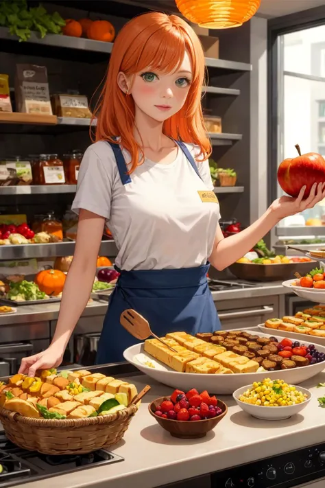 1girl, apple, apron, baguette, banana, basket, blush, bread, breasts, brown eyes, burger, carrot, chicken \(food\), cooking, corn, cucumber, cutting board, eggplant, food, fruit, frying pan, grapes, groceries, grocery bag, holding basket, holding fruit, jack-o'-lantern, kagami mochi, lemon, lemon slice, lettuce, long hair, mandarin orange, meat, omelet, onion, orange \(fruit\), orange slice, pancake, paper lantern, peach, plate, pot, potato, pumpkin, red apple, salad, sausage, shirt, shop, shopping, shopping bag, short sleeves, skewer, skirt, solo, standing, storefront, stove, syrup, tamagoyaki, tomato, vegetable, white shirt, supermarket, orange hair, green eyes,