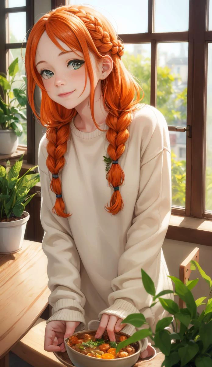(best quality, masterpiece:1.2),1girl, solo, braid, smile, blush, looking at viewer, closed mouth, indoors, long sleeves, long hair, window, plant, white sweater, blurry background, depth of field, green eyes, orange hair, food, upper body