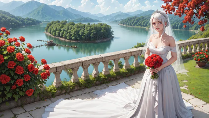 masterpiece,best quality, 1girl, bare shoulders, white hair, veil, blue eyes, very long hair, grin, bouquet, day, dress, flower, holding, holding bouquet, lake, looking at viewer, nature, outdoors, red flower, rose, solo, standing, tree, water, water drop, waterfall, wet sky, cloudy sky, building, sun