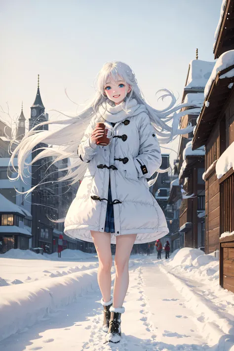 masterpiece, best quality, 1girl, 
In the winter city, a young girl wearing a white coat and stepping on the white snow, Her long hair was tangled by the wind, but she kept smiling and looked very comfortable. She was holding a cup of hot drink, through the transparent cup, you can see the white drifting snow in the air slowly floating down