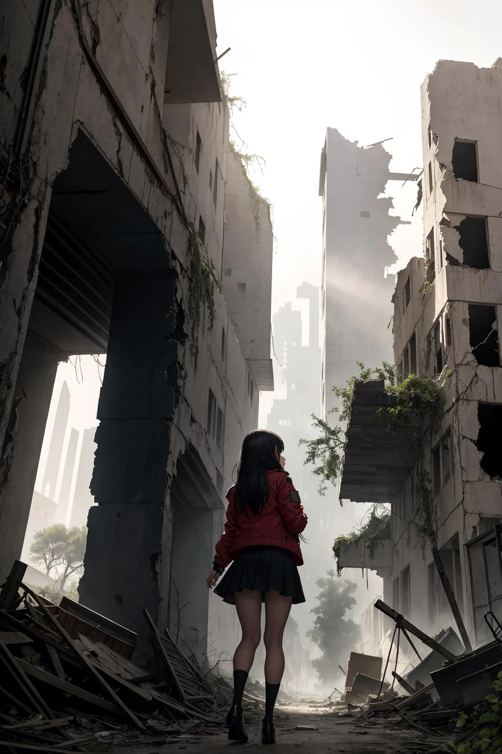 masterpiece, best quality, 1girl, A girl was alone, Wrapped around her was a white scarf, and she wore a red and black flight jacket with a black mini skirt, her face and clothes were very dirty, looking away, Close-up , from below, black hair,
Among the desolate ruins, there are collapsed buildings and steel structures strewn about, but the deserted streets are lush and green, and life is still jumping. The morning light falls on the ruins, and the elements of sunlight shine through the gaps in the broken walls to give a glow of hope. Plants symbolize independent life, common trees and mysterious plants coexist in this barren land, and they regenerate in this gray ruin, bringing new life and hope. The vivid color contrast stands out in the gray ruins, echoing the presence of future elements.