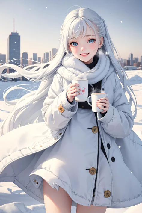 masterpiece, best quality, 1girl, 
In the winter city, a young girl wearing a white coat and stepping on the white snow, Her long hair was tangled by the wind, but she kept smiling and looked very comfortable. She was holding a cup of hot drink, through the transparent cup, you can see the white drifting snow in the air slowly floating down