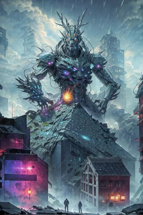 1 giant Gundam robot crouching over a destroyed building with glowing eyes, silver reflective mecha, 
night, dim lights, neon, cyberpunk, rain, smoke,
Intricate 3d rendering super detailed ridiculous, high resolution, 8k, CG, unity, wallpaper, (realistic, realistic: 1.37), amazing, fine details, best quality, boken, depth of field <lora:chineseDragonChinese_v20:1>,chinese dragon