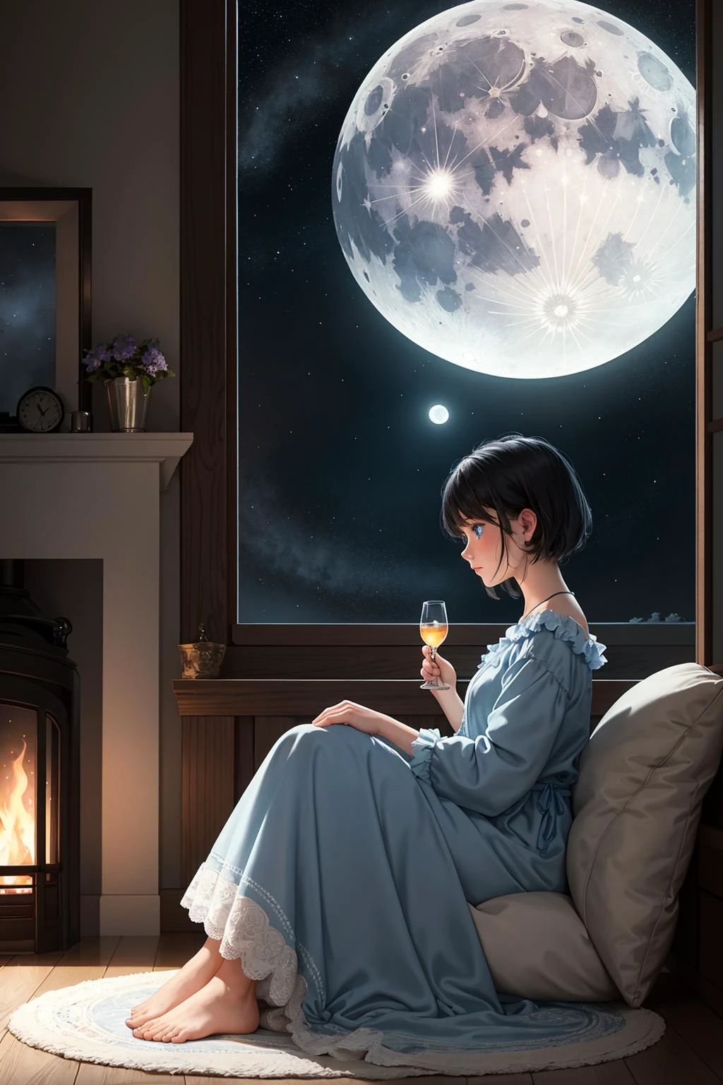 masterpiece, best quality, 1girl,
On a quiet night, a girl with blue eyes and short black hair sits by a floor-to-ceiling window in a light blue nightgown, admiring the view outside. A soft wool carpet is placed beside her and the fire by the fireplace fills the room with a warm atmosphere. The picture is like an illustration, beautiful and picturesque, warmth, relaxation, ease, comfort, comfort, tranquility, relaxation, pleasure, calmness, Looking out the window, midnight, starry sky, moon,