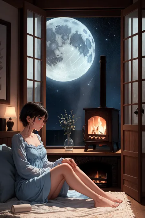 masterpiece, best quality, 1girl,
On a quiet night, a girl with blue eyes and short black hair sits by a floor-to-ceiling window in a light blue nightgown, admiring the view outside. A soft wool carpet is placed beside her and the fire by the fireplace fills the room with a warm atmosphere. The picture is like an illustration, beautiful and picturesque, warmth, relaxation, ease, comfort, comfort, tranquility, relaxation, pleasure, calmness, Looking out the window, midnight, starry sky, moon,