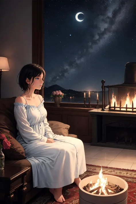 masterpiece, best quality, 1girl,
On a quiet night, a girl with blue eyes and short black hair sits by a floor-to-ceiling window in a light blue nightgown, admiring the view outside. A soft wool carpet is placed beside her and the fire by the fireplace fills the room with a warm atmosphere. The picture is like an illustration, beautiful and picturesque, warmth, relaxation, ease, comfort, comfort, tranquility, relaxation, pleasure, calmness, Looking out the window, midnight, starry sky, moon,