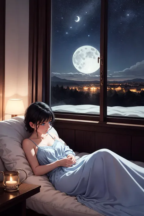 masterpiece, best quality, 1girl,
On a quiet night, a girl with blue eyes and short black hair sits by a floor-to-ceiling window in a light blue nightgown, admiring the view outside. A soft wool carpet is placed beside her and the fire by the fireplace fills the room with a warm atmosphere. The picture is like an illustration, beautiful and picturesque, warmth, relaxation, ease, comfort, comfort, tranquility, relaxation, pleasure, calmness, Looking out the window, midnight, starry sky, moon,