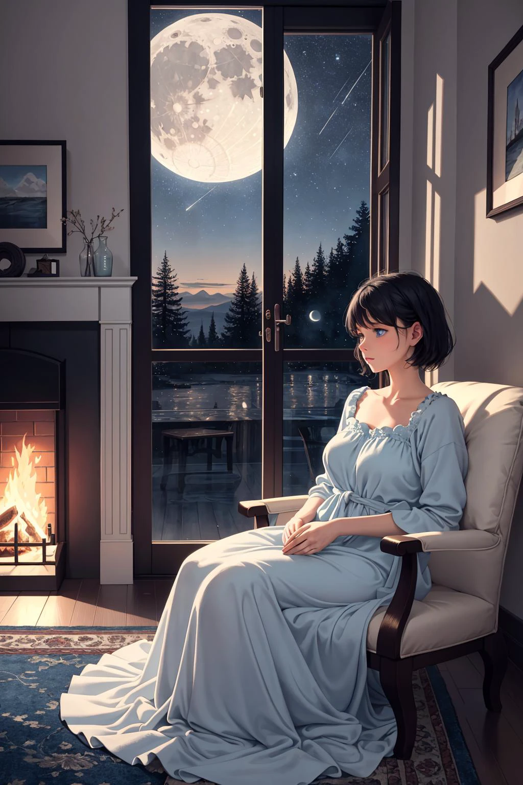 masterpiece, best quality, 1girl,
On a quiet night, a girl with blue eyes and short black hair sits by a floor-to-ceiling window in a light blue nightgown, admiring the view outside. A soft wool carpet is placed beside her and the fire by the fireplace fills the room with a warm atmosphere. The picture is like an illustration, beautiful and picturesque, warmth, relaxation, ease, comfort, comfort, tranquility, relaxation, pleasure, calmness, Looking out the window, midnight, starry sky, moon,