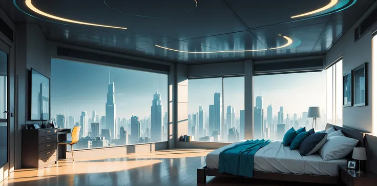 a gorgeous sci-fi bedroom matte painting by john harris, sparth and greg rutkowski. sharp edges, tiffany blue, grey orange, white and golden. sci-fi bedroom in a space base, outside the windows a future city skyline, light effect. ultra clear detailed, 3d, octane render 8k