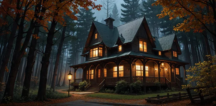 haunted house in a fall forest (intricate details:1.12), hdr, (intricate details, hyperdetailed:1.15) <lora:Panorama:0.2>