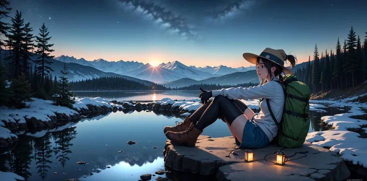 masterpiece, best quality, ultra-detailed, illustration, 1girl, solo, outdoors, camping, night, mountains, nature, stars, moon, tent, twin ponytails, green eyes, cheerful, happy, backpack, sleeping bag, camping stove, water bottle, mountain boots, gloves, sweater, hat, flashlight, forest, rocks, river, wood, smoke, shadows, contrast, clear sky, constellations, Milky Way, peaceful, serene, quiet, tranquil, remote, secluded, adventurous, exploration, escape, independence, survival, resourcefulness, challenge, perseverance, stamina, endurance, observation, intuition, adaptability, creativity, imagination, artistry, inspiration, beauty, awe, wonder, gratitude, appreciation, relaxation, enjoyment, rejuvenation, mindfulness, awareness, connection, harmony, balance, texture, detail, realism, depth, perspective, composition, color, light, shadow, reflection, refraction, tone, contrast, foreground, middle ground, background, naturalistic, figurative, representational, impressionistic, expressionistic, abstract, innovative, experimental, unique