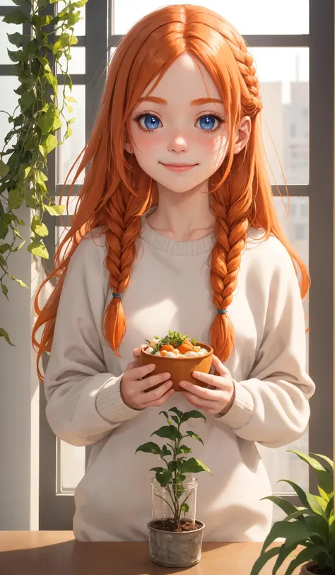 (best quality, masterpiece:1.2),1girl, solo, braid, smile, blush, looking at viewer, closed mouth, indoors, long sleeves, long hair, window, plant, white sweater, blurry background, depth of field, blue eyes, orange hair, food, upper body