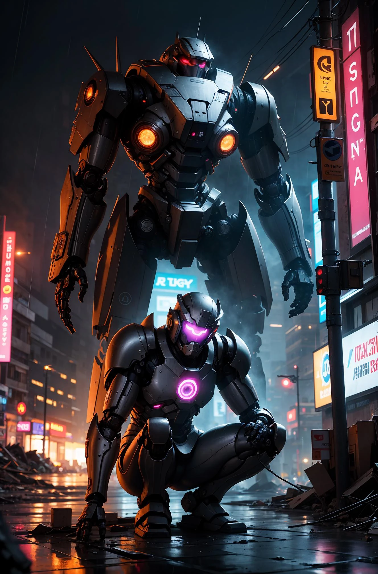 1 giant robot crouched on a destroyed building, glowing eyes,silver reflective mech armor,
night,dim light, neon lights, cyberpunk, raining, smokes,
complex 3d render ultra detailed absurdres, highres, 8k, CG ,unity ,wallpaper, (realistic, photo-realistic:1.37),Amazing, finely detailed, best quality, boken, depth of field
<lora:epiNoiseoffset_v2:1>