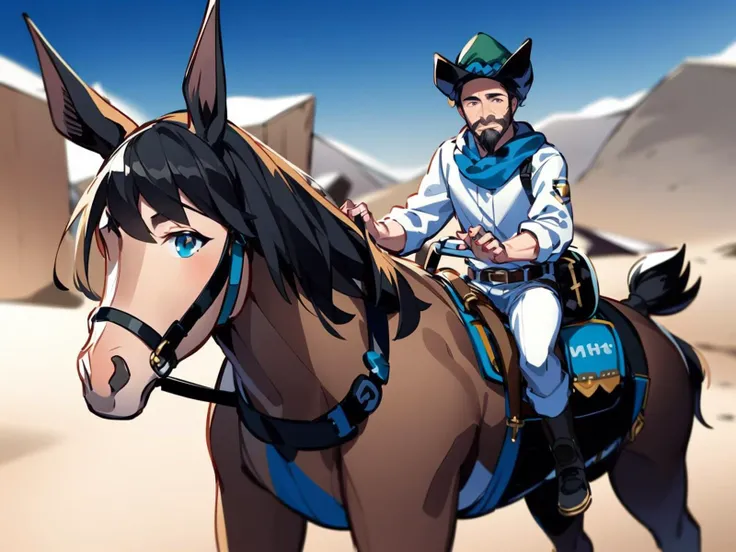 desert, facial hair, 1boy, (donkey), riding, male focus, horseback riding, beard, sand, turban, mustache, hat, parody, reins, day, crossed legs, cowboy western, sitting, sky, looking at viewer, black hair, outdoors <lora:donkey:1>, masterpiece, best quality,