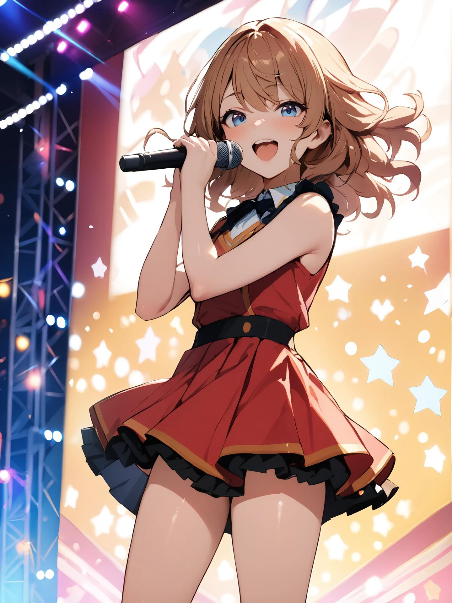 (best quality:1.2), (masterpiece:1.2), (absurdres:1.2), (detailed background), looking at viewer, (shiny skin), medium full shot, on stage, idol, singing,
bare legs, joyful face,
medium hair), natural wavy, bangs, (windy hair),