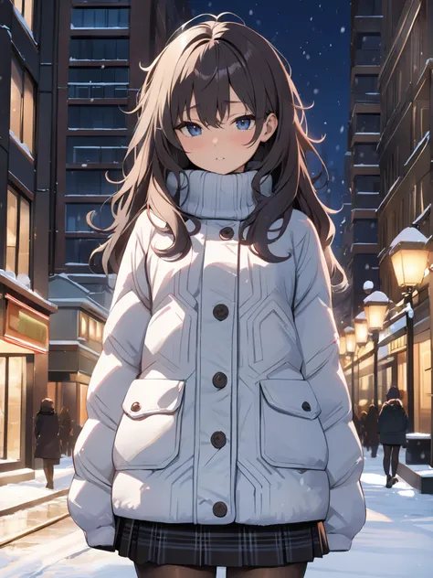 (best quality:1.2), (masterpiece:1.2), (absurdres:1.2), (detailed background), looking at viewer, (shiny skin), medium full shot, black fur coat, pantyhose, skirt, knit, turtleneck, standing, city, snow, night,
shy face, (long hair, natural wavy, no bangs, (messy hair),