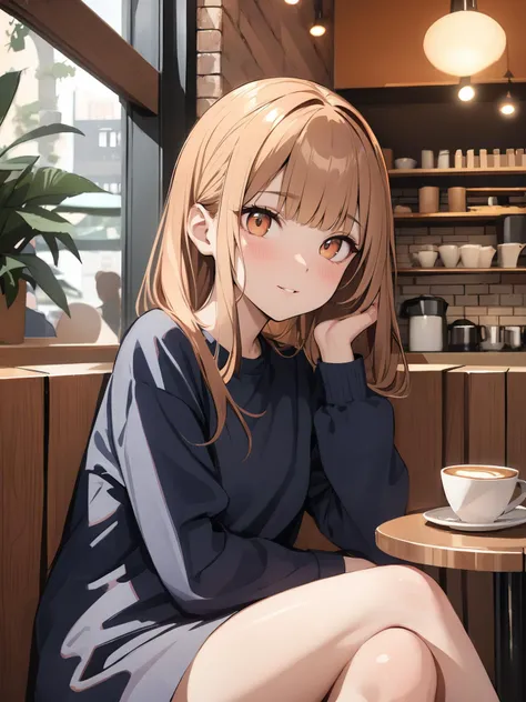 (best quality:1.2), (masterpiece:1.2), (absurdres:1.2), (detailed background), looking at viewer, (shiny skin), medium full shot, sitting, cafe, coffee,
curious face, chignon, natural wavy, bangs, (straight hair),