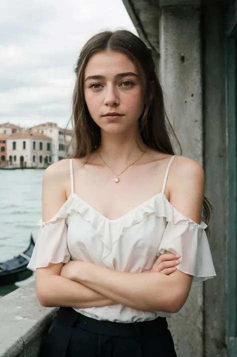 (closeup) Portrait of pretty young (18-year-old) Caucasian (futuraalyssa4500v5) ((Confident power pose with crossed arms.:1.07)), (flat chest:1.15), outdoor, BREAK (white hair Glamorous side-swept curls: Cascading curls swept to one side, creating a glamorous and romantic look that oozes elegance.), no makeup, long dainty necklace, (((sfw, elegant, classy) Pale pink chiffon blouse with a ruffled neckline and wide-leg trousers.)) , <lora:epi_noiseoffset2:1> BREAK (magazine cover:1.10), BREAK (masterpiece, extremely detailed skin, photorealistic, heavy shadow, dramatic and cinematic lighting, key light, fill light), sharp focus, BREAK location is (outdoor Venice, Italy:1.2), <lora:InstantPhotoX3:0.35>