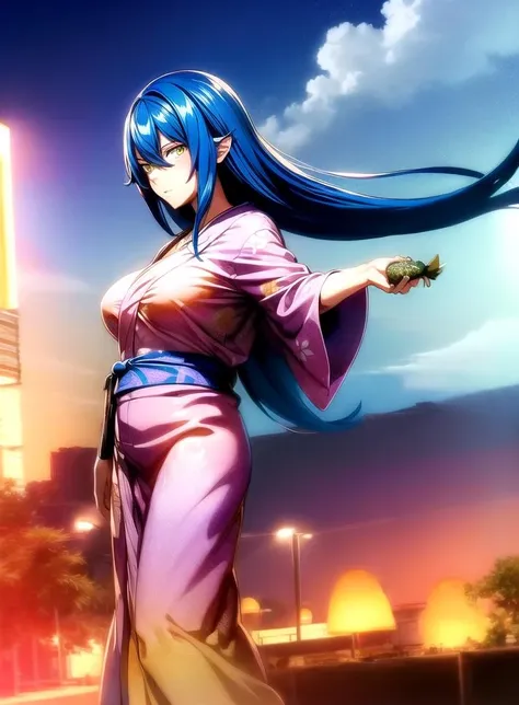 (camp background:1.2), (yukata:1.2, (Pretending to hold a fish by its tail :1), masterpiece,best quality,1girl,yellow eyes,large breasts,long hair,blue hair,hair between eyes, necklace, <lora:Kalawarner-002:0.8> (furled brow face) <lora:2more_details:0.4>
