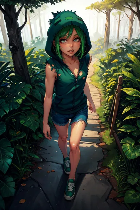 masterpiece, best quality, zombi3, hoodie, jeans, sneakers, torn clothes, sleeveless, walking, looking at viewer, forest, pov, from above <lora:zombie-nvwls-v1-000010:1.0>
