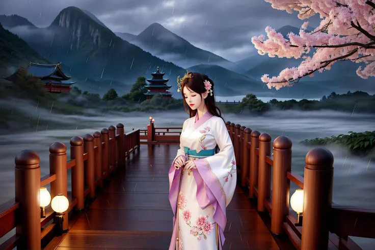 (best quality,master piece:1.2),(realistic,photo-realistic:1.37),ultra-detail,ultra higres,(aegyo sal:1) <lora:hanfu_v30Ming:0.17>,(white dress:0.6),(palace),(lots of temple:0.9),(Cherry blossom fail:0.8),holding wooden umbrella, wooden bridge,(rainy:1.2),stream,(mountain),(foggy) ,(rainy:1.3),morning