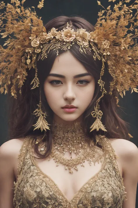 a woman wearing a gold dress and headpiece with gold leaves