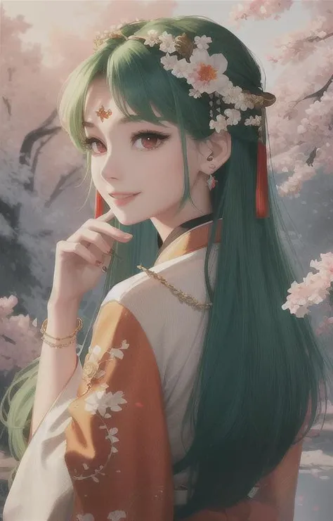 masterpiece,extremely detailed CG unity 8k wallpaper,1girl, beautiful,look back and smile, (perfect face), outdoor, branch, faded_green_hair, long hair, red eyes, flower hair accessory, solo, chinese hangfu, hair ornement, necklace, jewelry, long hair, earrings, upper body,<lora:3loraGuofeng3Lora_v32LoraBigLight:1>