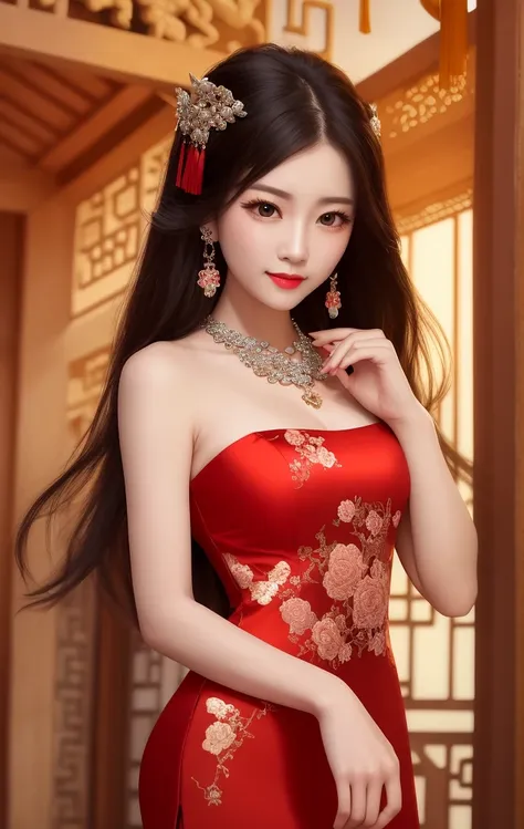 best quality, masterpiece, highres, 1girl,china dress,Beautiful face, hair ornament, solo,looking at viewer,smile,closed mouth,lips, dress,hair ornament, necklace, jewelry, long hair, earrings, chinese clothes, architecture,east asian architecture <lora:GuoFeng3.2_Lora_light:1>