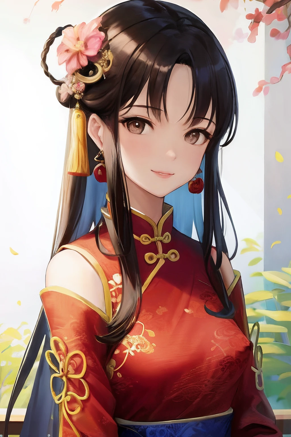 best quality, masterpiece, highres, 1girl,china dress,Beautiful face, hair ornament, solo,looking at viewer,smile,closed mouth,lips, dress,hair ornament, necklace, jewelry, long hair, earrings, chinese clothes, architecture,east asian architecture, small breasts, (arms at sides:1.2), upper body, closed mouth, nsfw, covered nipples, realistic,