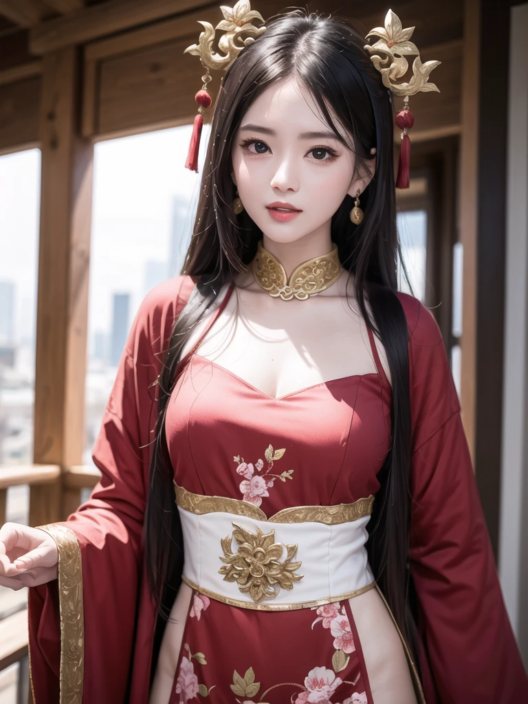 modelshoot style, (extremely detailed CG unity 8k wallpaper), full body photo of the most beautiful artwork in the world, china dress, china dress,Beautiful face, hair ornament, solo,looking at viewer,smile,closed mouth,lips, china dress,dress,hair ornament, necklace, jewelry, long hair, earrings, chinese clothes, architecture,east asian architecture,building,outdoors,rooftop,city,cityscape, dark studio, rim lighting, two tone lighting, dimly lit, low key , intricate, High Detail, Sharp focus, dramatic, photorealistic, beautifully face,