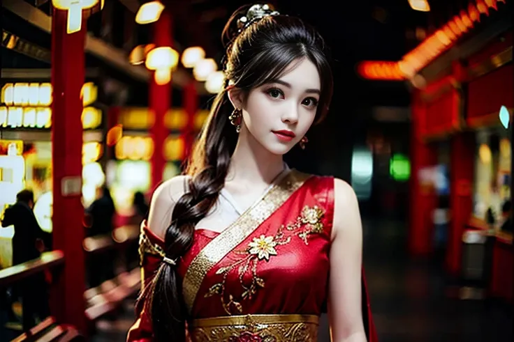 photorealistic,realistic, solo,photorealistic, best quality, ultra high res, outdoor, colorful, joyful expression, long hair, ponytail, cute headband, looking back over shoulder, Tang Palace in backgroud, night time setting, beautiful, masterpiece, best quality, extremely detailed face, perfect lighting, solo,1girl, best quality, ultra high res, photorealistic, ultra detailed, masterpiece, best quality,