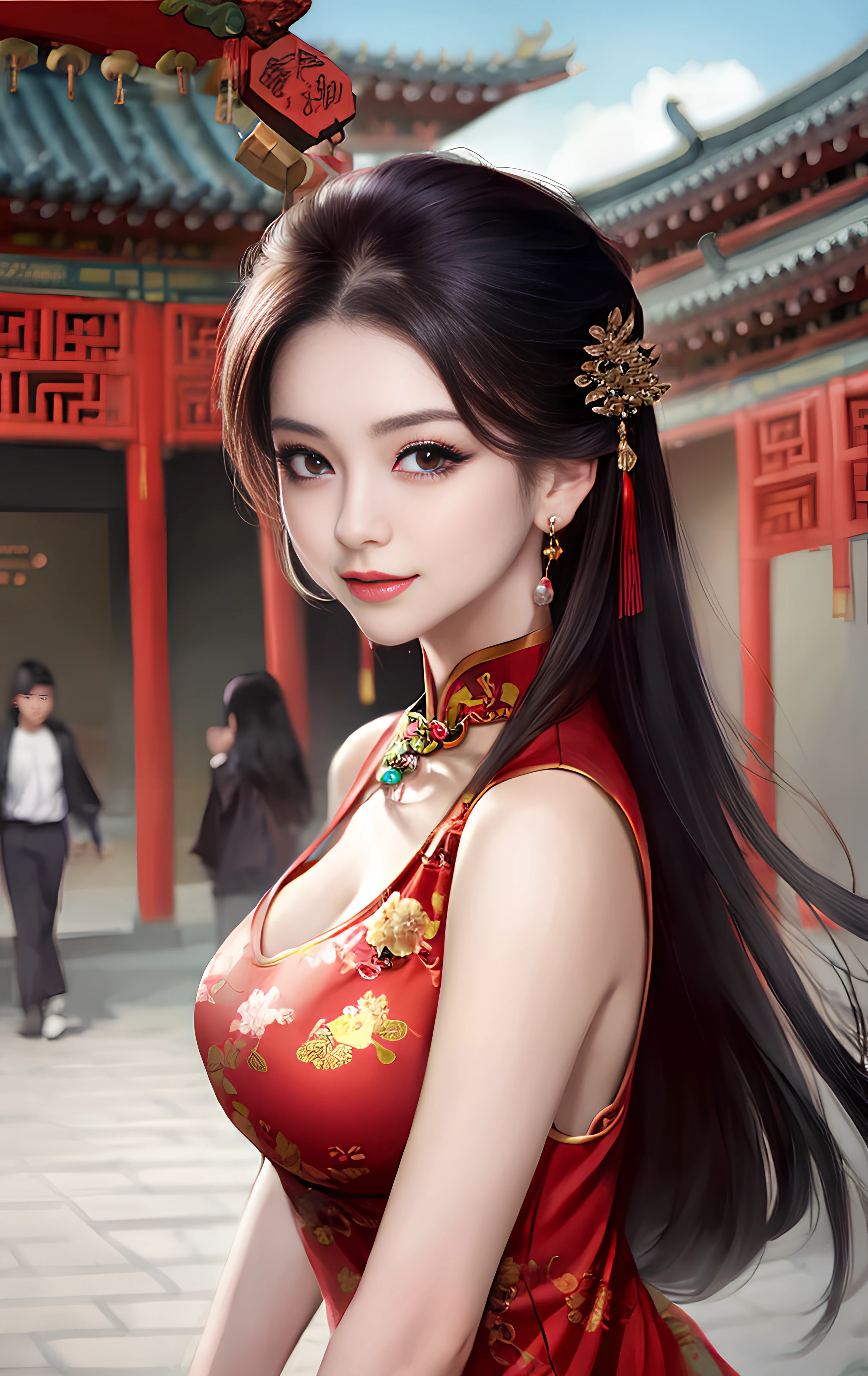 best quality, masterpiece, highres, 1girl,china dress,Beautiful face, hair ornament, solo,looking at viewer, depth of field, Kodak portra 400, film grain, vibrant color, smile,closed mouth,lips, china dress,dress,hair ornament, necklace, jewelry, long hair, earrings, chinese clothes, architecture,east asian architecture,building,outdoors,rooftop,city,cityscape
<lora:GuoFeng3.2_Lora_light:0.5> <lora:chilloutmixss20_v20:0.1>