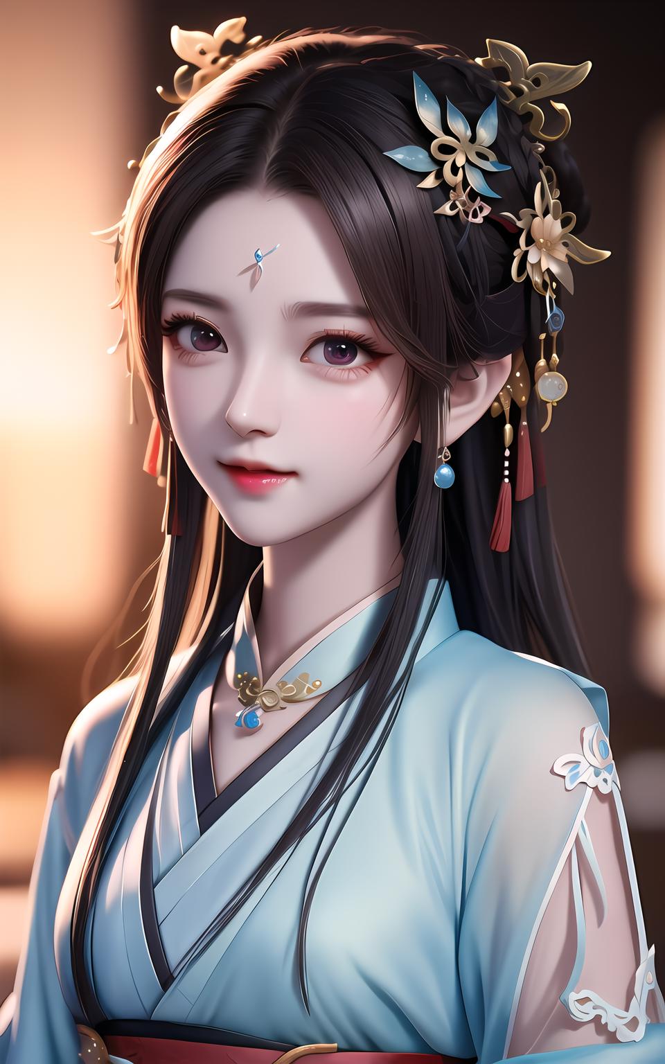 A woman in a blue dress with a flower in her hair - SeaArt AI