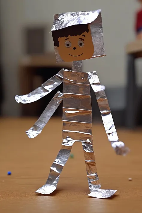 <lora:Stop-Motion Animation:1>Stop-Motion Animation - character with aluminium foil ??? style walking for stop motion, add a hand in frame or little sticks linking to character hands
