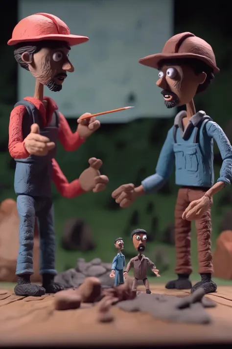 <lora:Stop-Motion Animation:1>Stop-Motion Animation - claymation picture of two guys from appalachia giving a presentation on the dangers of AI