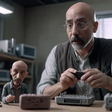 <lora:Stop-Motion Animation-XL:1>Stop-Motion Animation - Centered medium film shot, of JRR01, bald 40yr old man made of clay, and tech engineer with pocket protector, staring at a strange electronic machine on desk <lora:JRR01_XL:1>