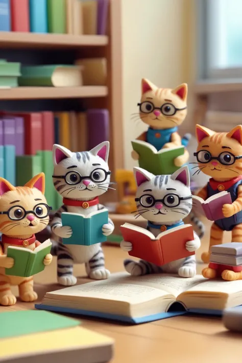 <lora:Stop-Motion Animation:1>,Stop-Motion Animation - stop motion film of toys that have come to life,cute,happy,cats reading books in classroom
