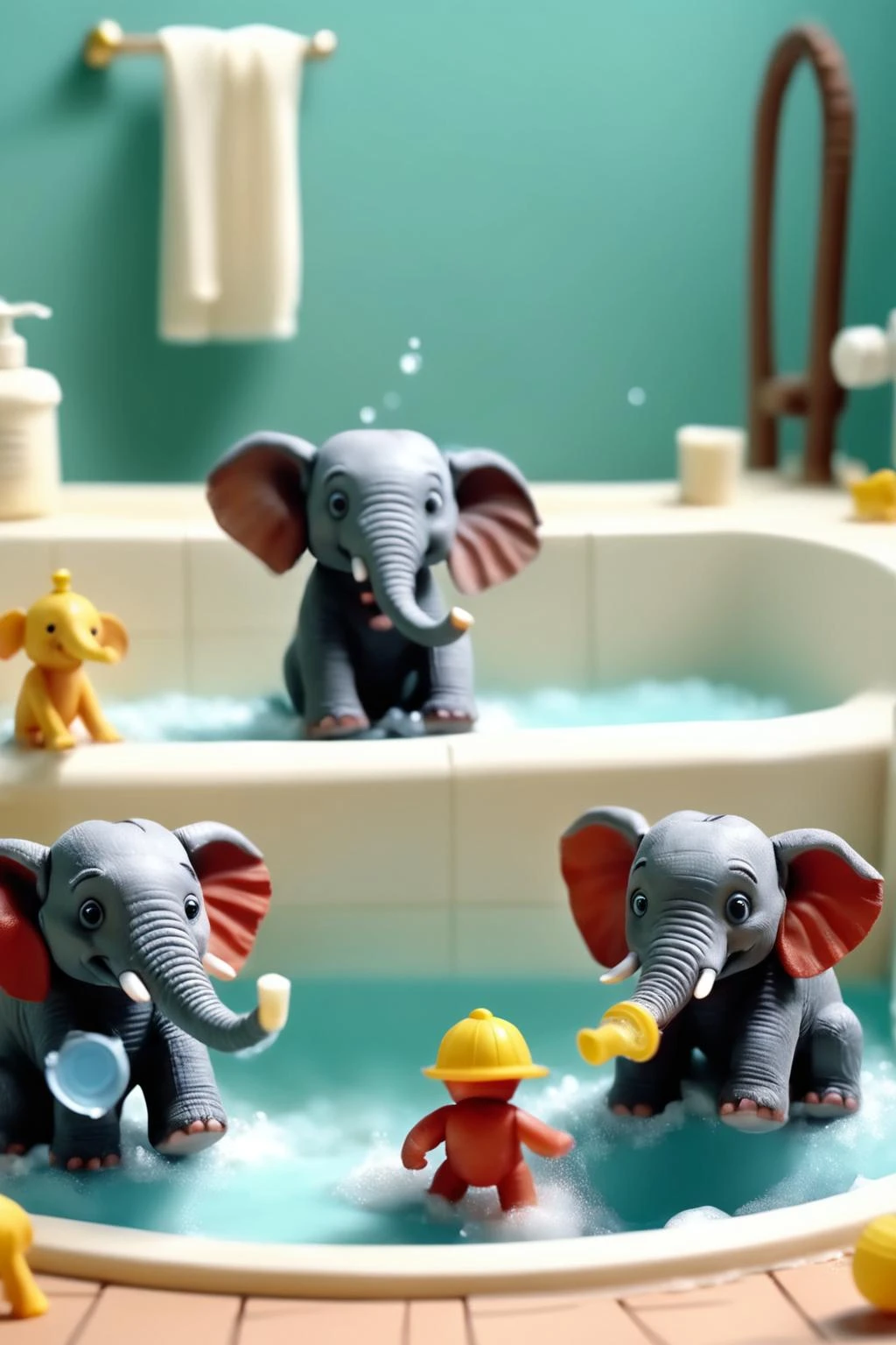 <lora:Stop-Motion Animation:1>,Stop-Motion Animation - stop motion film of toys that have come to life,cute,happy,elephants taking a bath