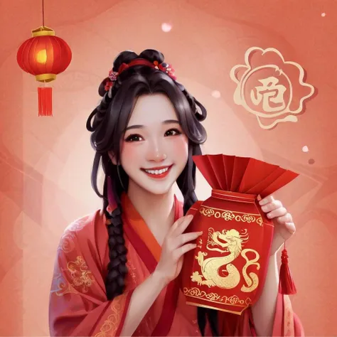 gufengsSolo,1 red Chinese dragon, 1 girl, wearing red Hanfu, smiling, Chinese New Year, red element background, red envelope, lantern, auspicious clouds, <lora:gufengstyleSDXL-000016:1>