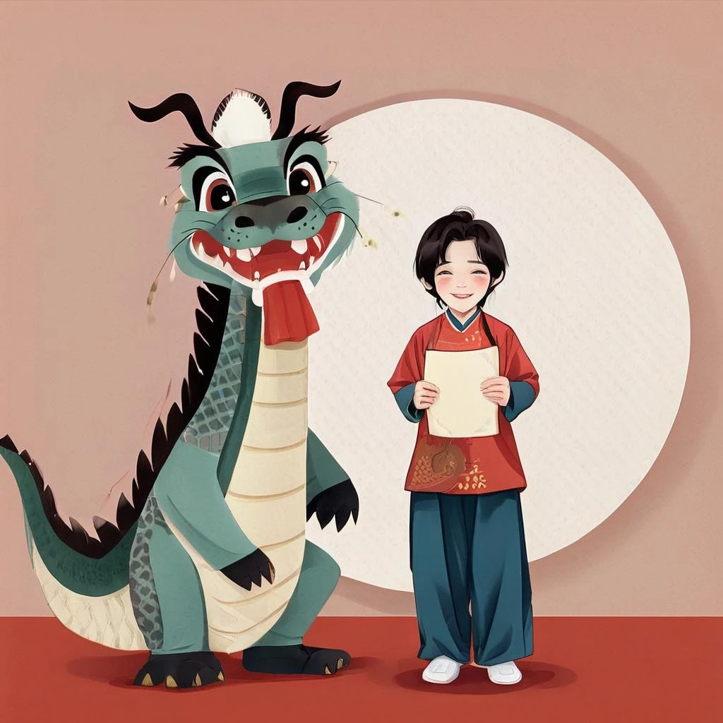 gufengsSolo, masterpiece,best quality,chinese new year,1 ,solo,dragon,chinese dragon,looking at viewer,simple background,black hair,red background,full body,chinese clothes,paper lantern,<lora:gufengstyleSDXL-000016:1>